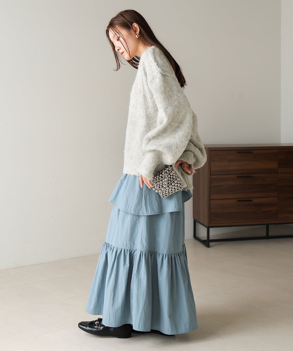 日本 Bab - 澎袖毛海溫柔廓形針織上衣-淺灰