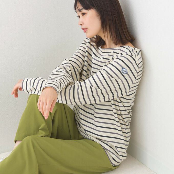 日本 OMNES - [必收款]100%棉 條紋船領長袖上衣-米x黑