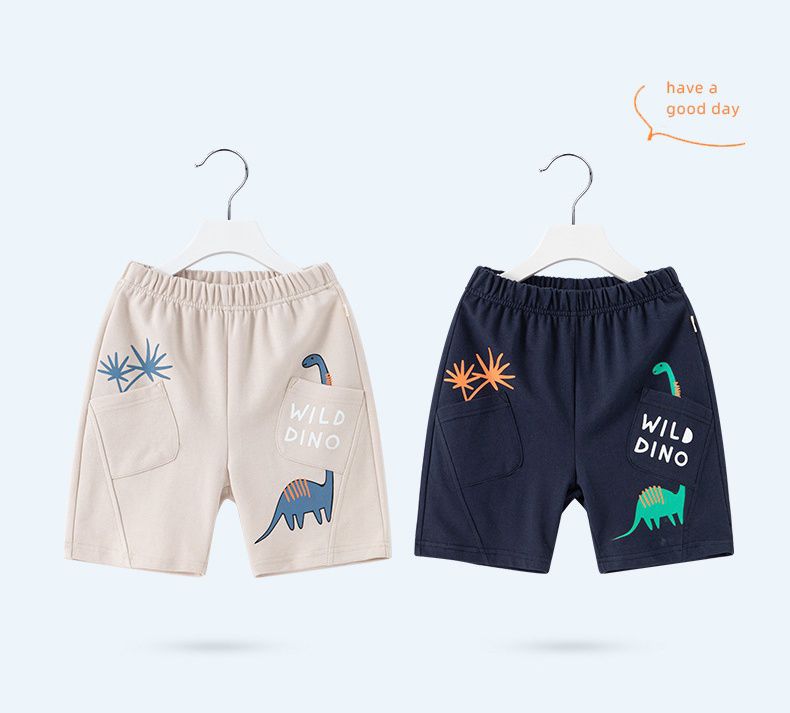 純棉休閒運動五分褲-長脖子恐龍-杏色