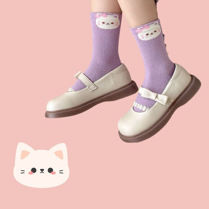 萌萌小花貓防滑點膠中筒棉襪