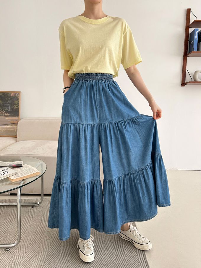 韓國女裝連線 - 鬆緊腰薄丹寧蛋糕長寬褲-中青 (FREE)