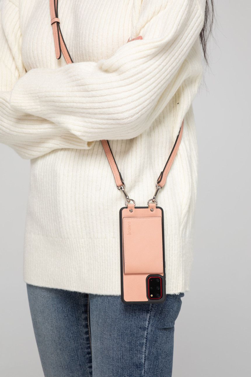 韓國 ARDERE - 卡夾折疊鏡皮質背繩防摔手機殼-蜜桃粉