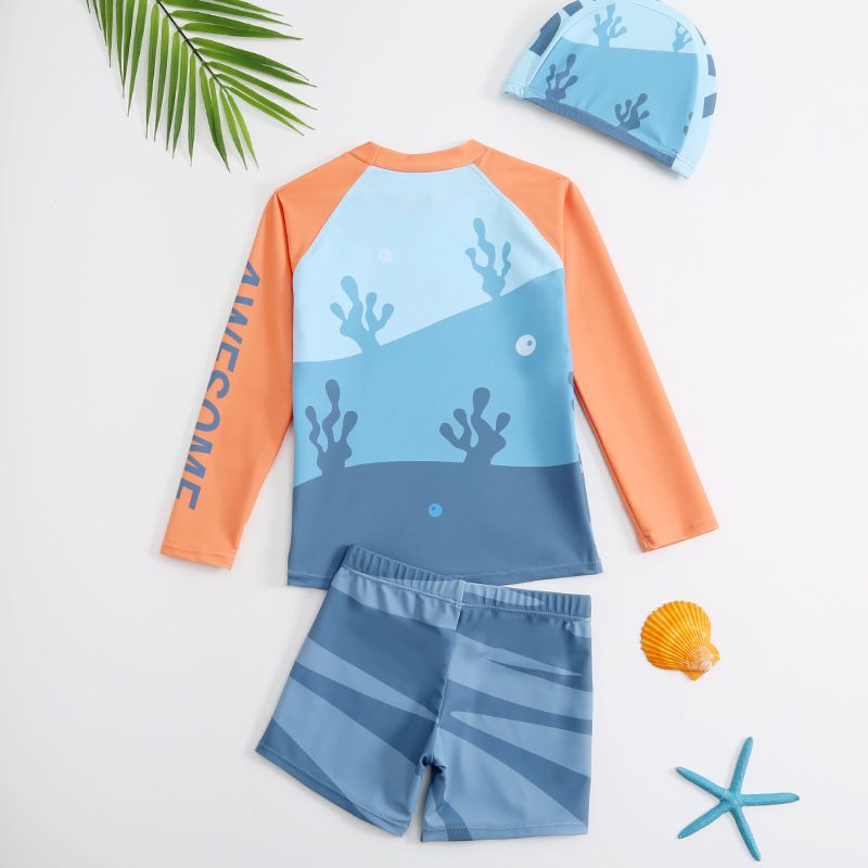 男寶童趣卡通圖長袖泳衣套裝(三件組)-墨鏡鯊魚-灰藍+橘-泳帽、泳衣、泳褲