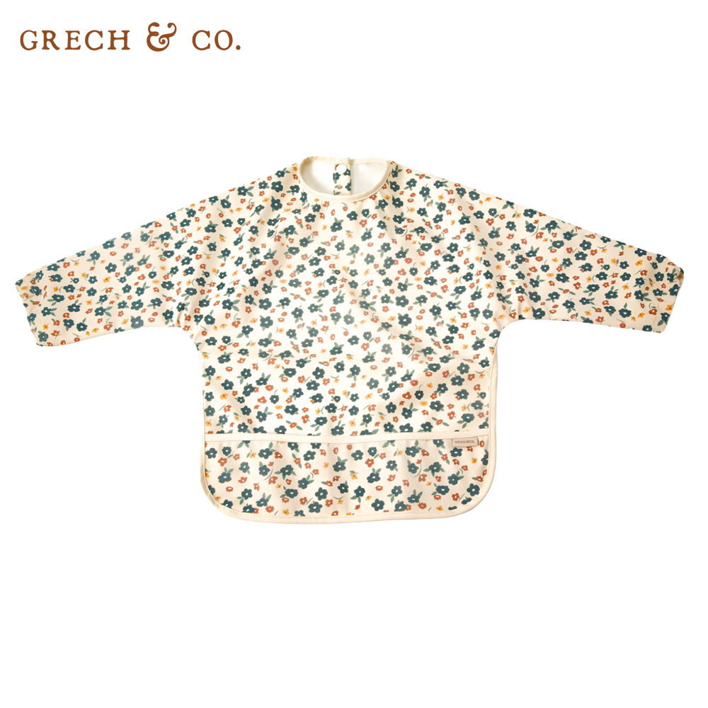 丹麥 GRECH & CO. - 防水長袖圍兜-碎花藍 (適用於6個月以上)