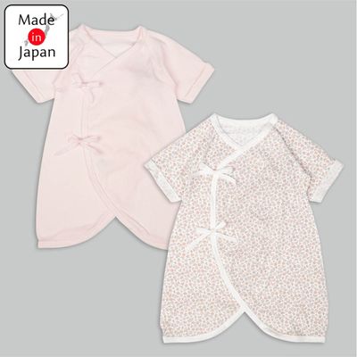 akachan honpo - 新生兒7分袖蝴蝶裝2件組-綁帶款小花-粉紅色 (50~60cm)