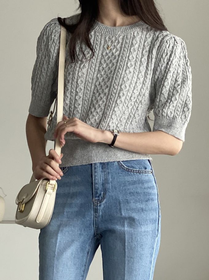 韓國女裝連線 - 麻花辮編織五分袖針織上衣-淺灰 (FREE)