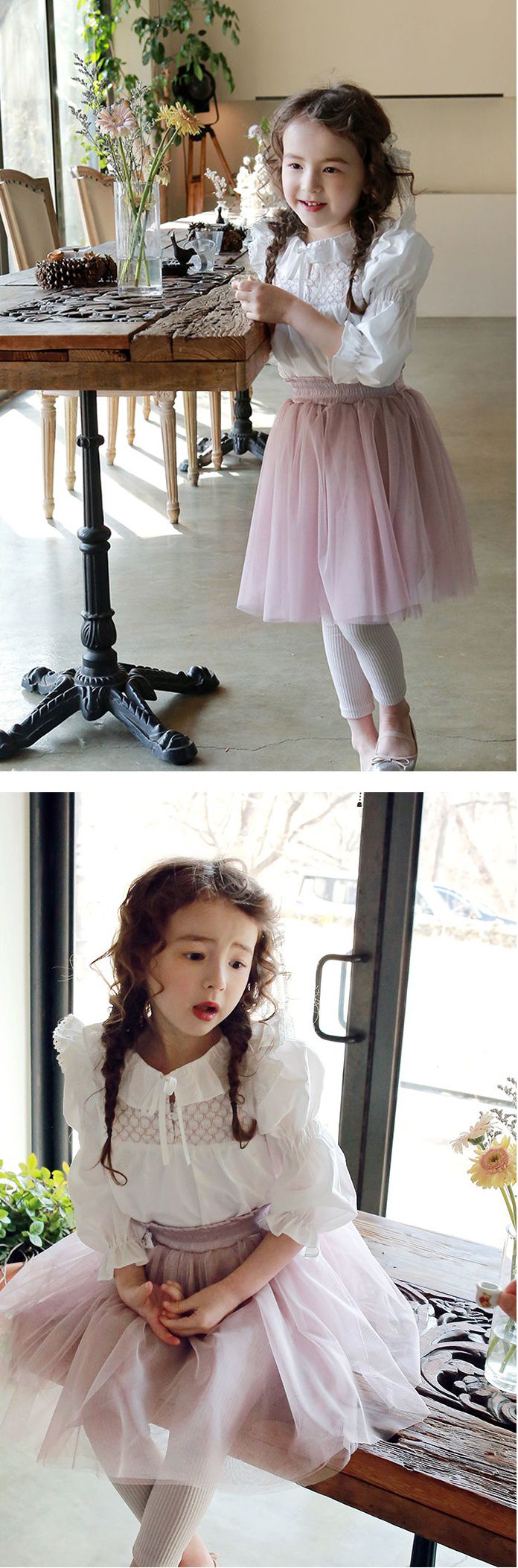 韓國 PuellaFLO - (現省50元)抓皺荷葉上衣+蕾絲蝴蝶結網紗褲裙-白上衣X粉紅紗裙