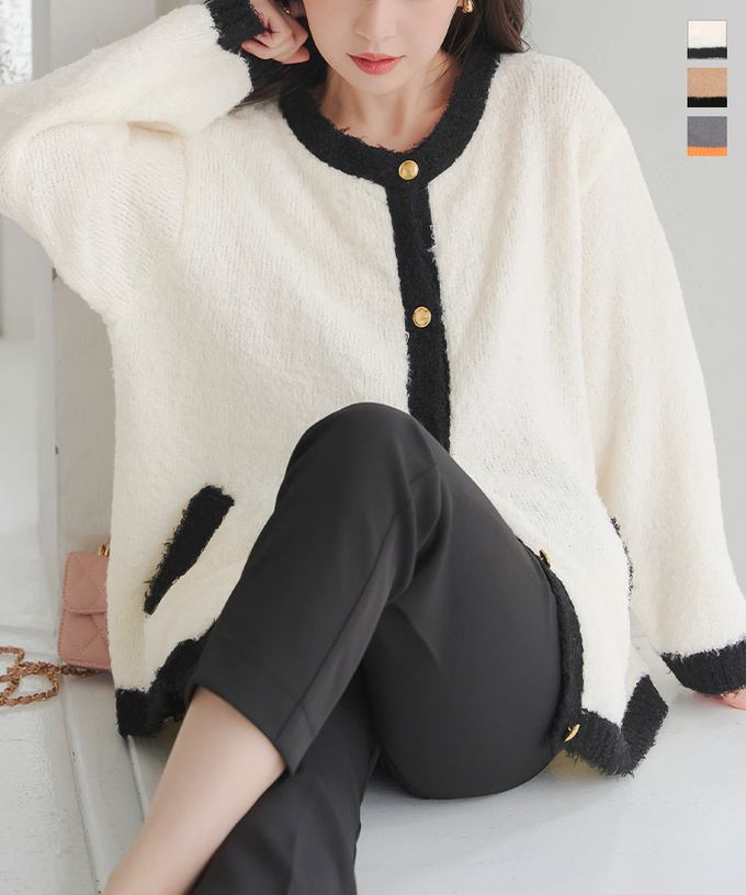 日本 Kobe Lettuce - 優雅金釦撞色滾邊針織開襟衫-灰x橘