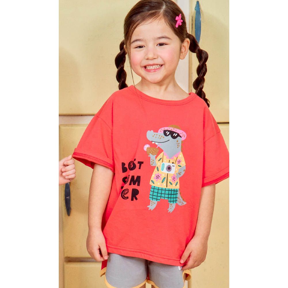 動物塗鴉短袖上衣-渡假鱷魚-紅