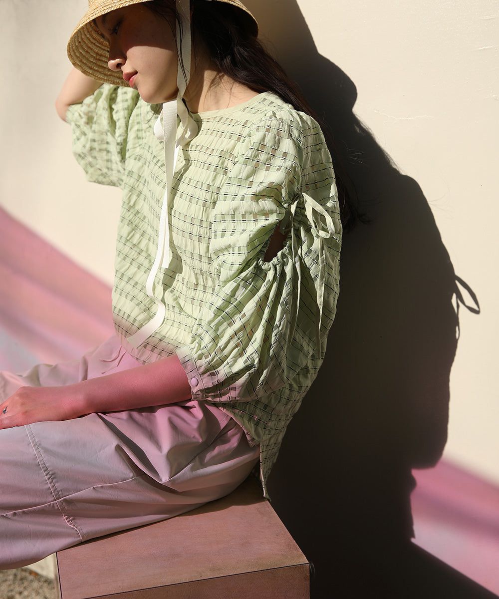 日本 Bab - 甜美格紋抽繩澎澎袖上衣-米杏