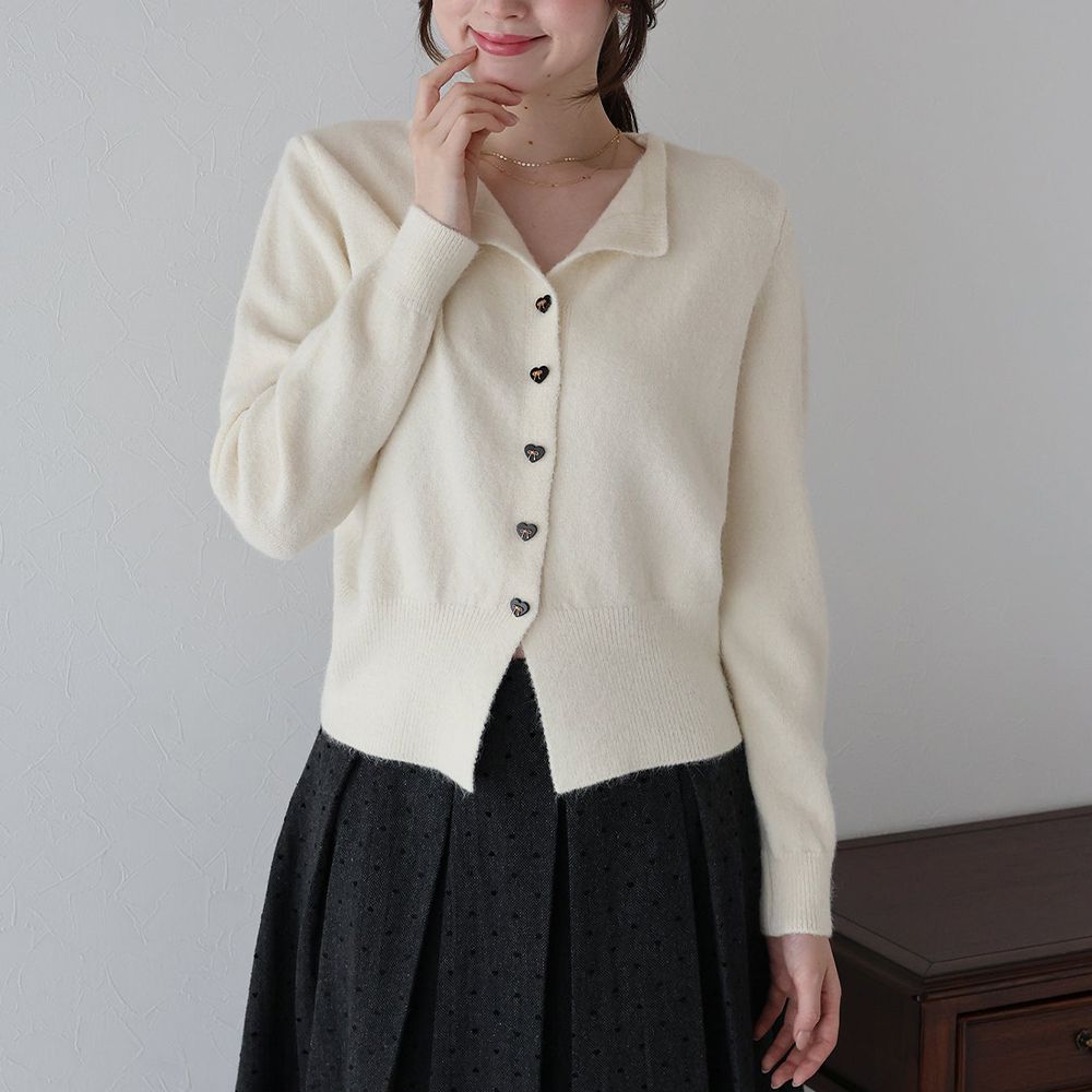 愛心蝴蝶結扣成熟甜美針織開襟衫-白 (M)