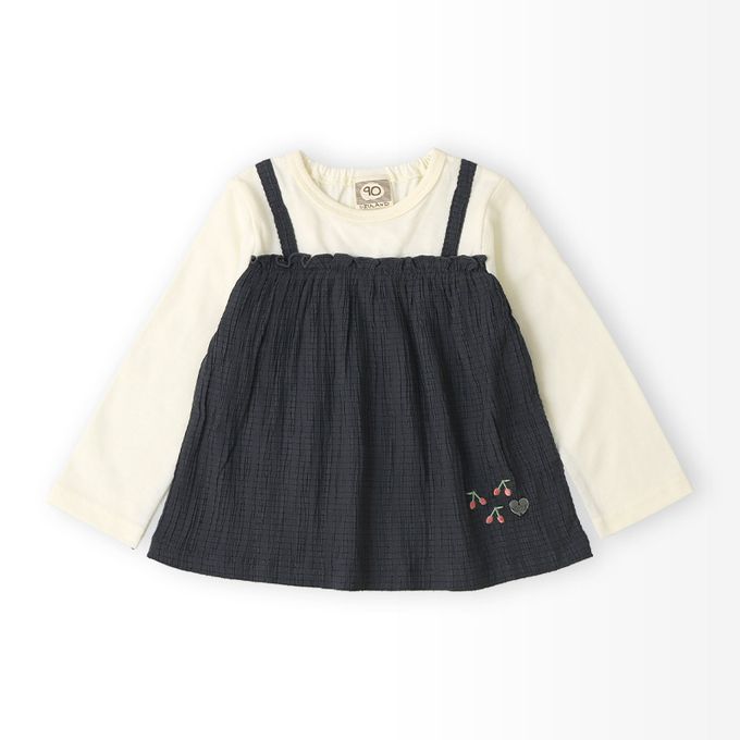 日本 ZOOLAND - 假二件典雅緹花長袖上衣-櫻桃刺繡-藕粉