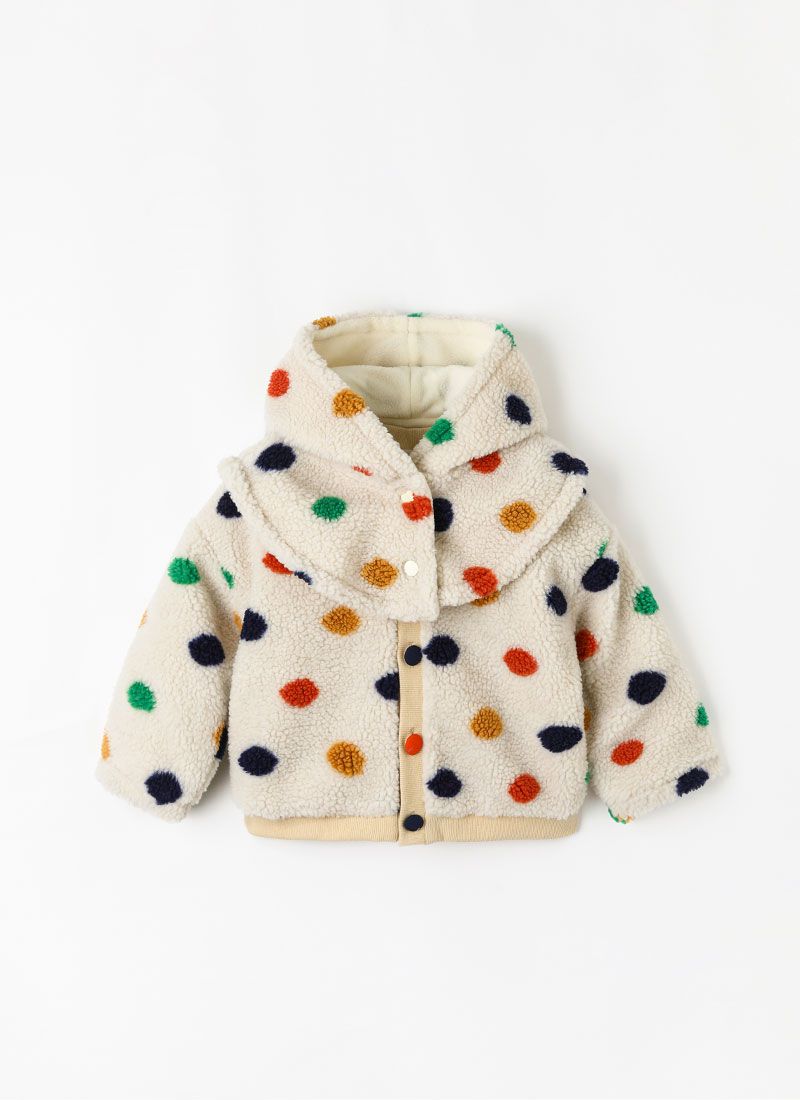 韓國 OZKIZ - (附帽子)彩點毛絨絎縫內裡保暖外套-卡其