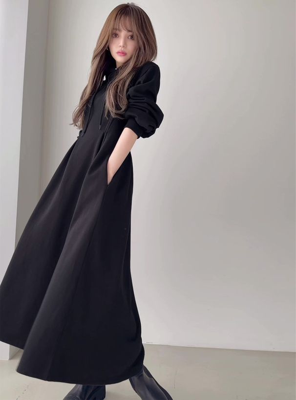 日本 GRL - 休閒感收腰連帽長袖洋裝-黑 (F)
