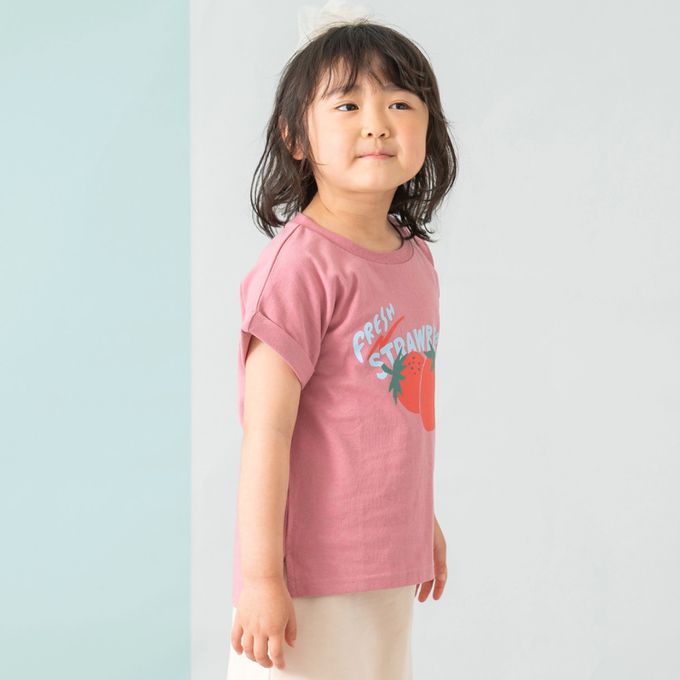 日本 petit main - 100%棉 開衩印花短袖上衣-英文logo-米杏