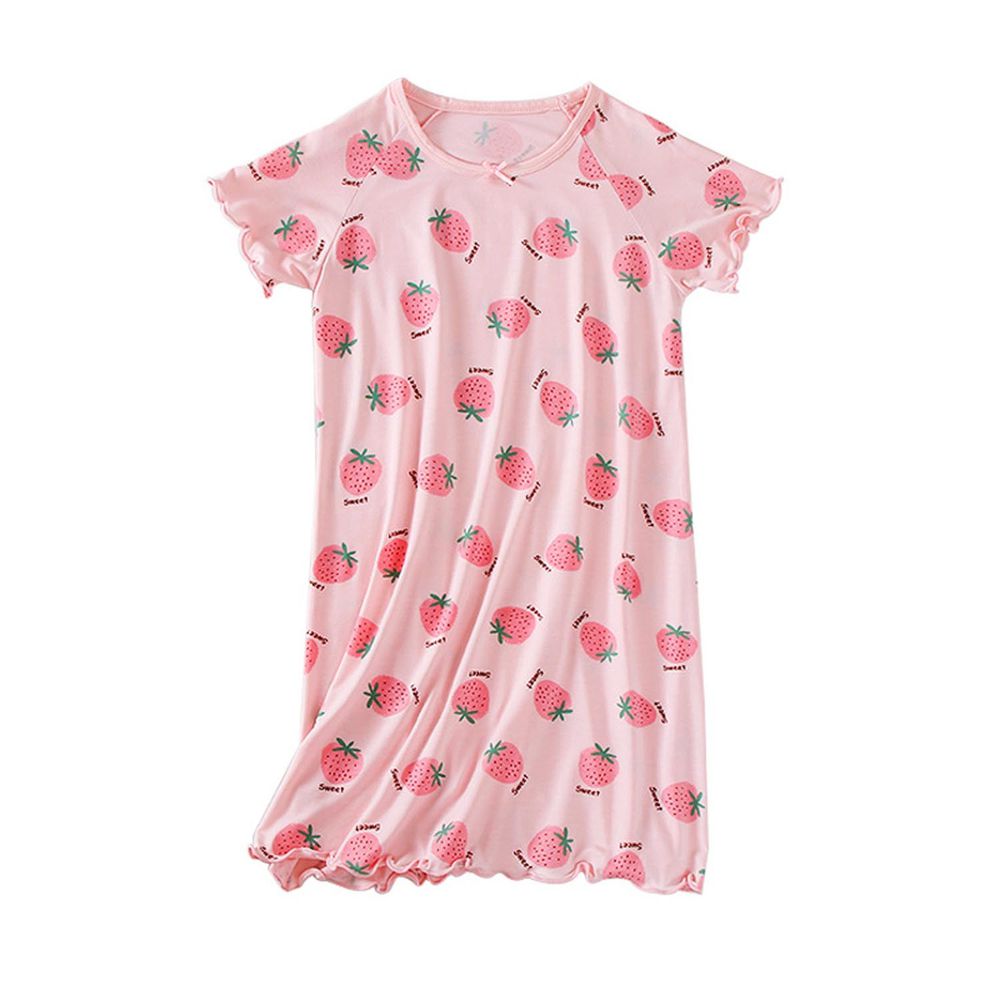 MAMDADKIDS - 木耳邊短袖連身睡裙/家居服-滿版草莓-粉色