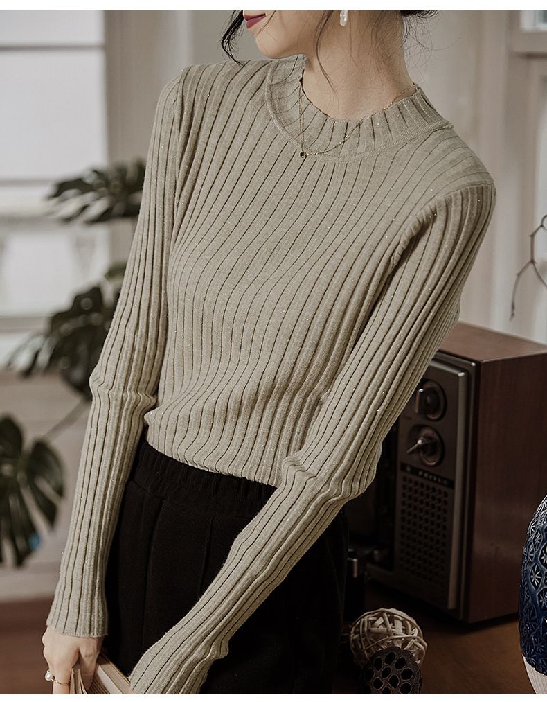 優雅百搭坑條修身針織上衣-燕麥色