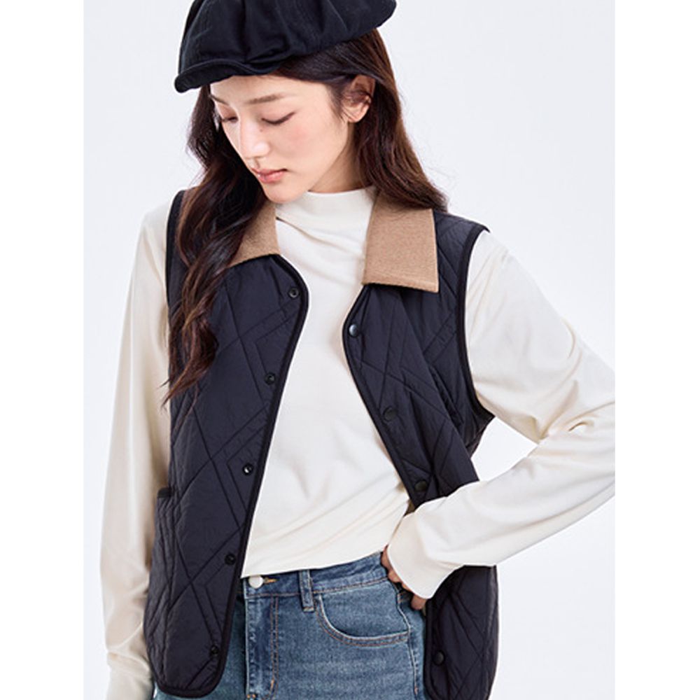 輕暖 2WAY可拆式翻領 羊毛鋪棉絎縫背心-男女同款-黑色