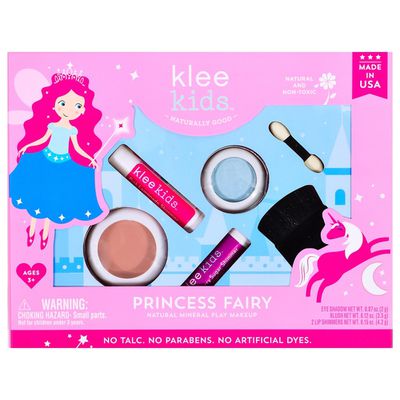 美國 Klee Kids - 公主精靈彩妝組-寶貝藍礦物眼影盒(2g)+玫橘色礦物腮紅盒(3.5g)+粉檸檬亮光潤唇膏(4.2g)+寶貝紅亮光潤唇膏(4.2g)+雙頭眼影棒/腮紅刷(共6件)