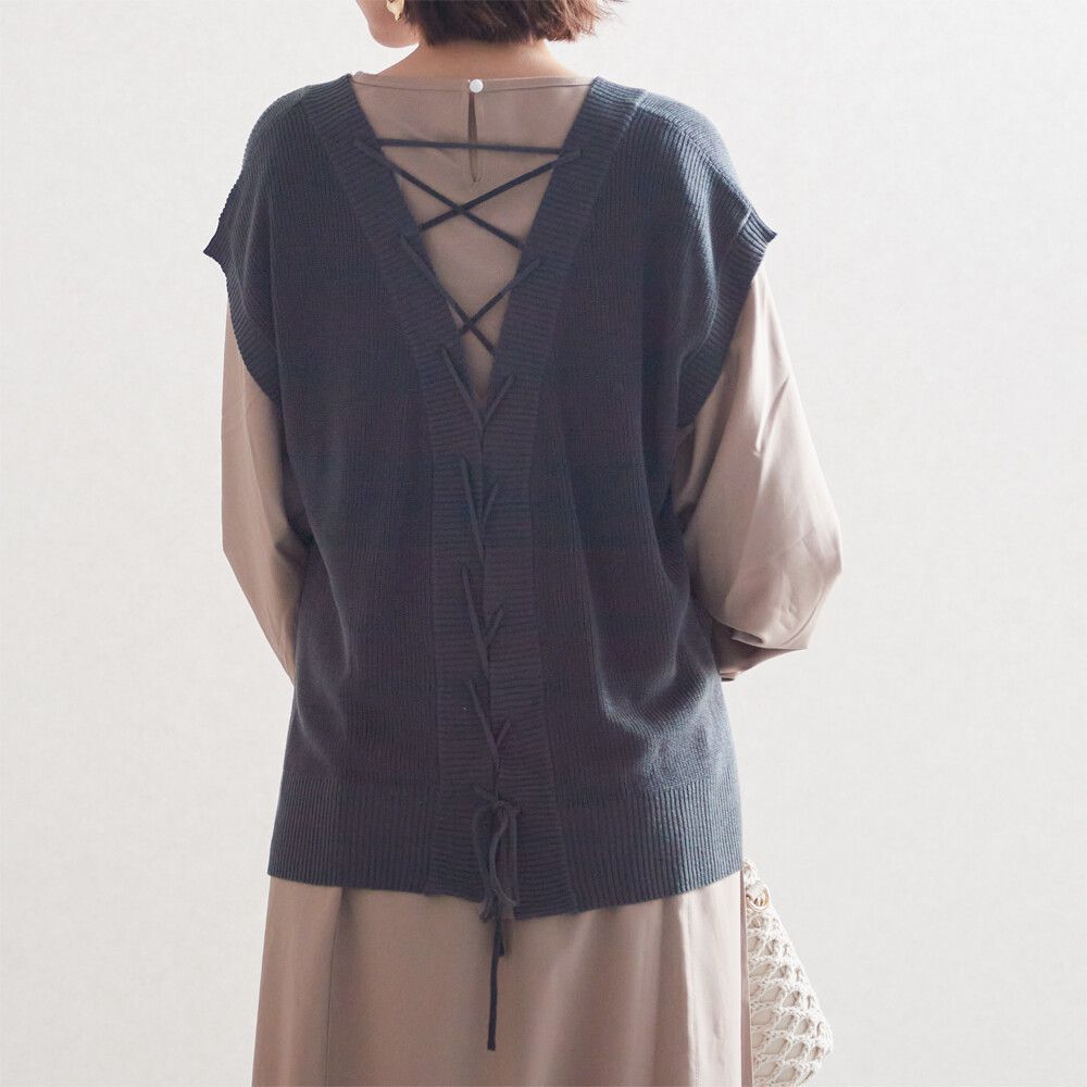 日本女裝代購 - 後綁帶V領落肩針織背心-橄欖綠