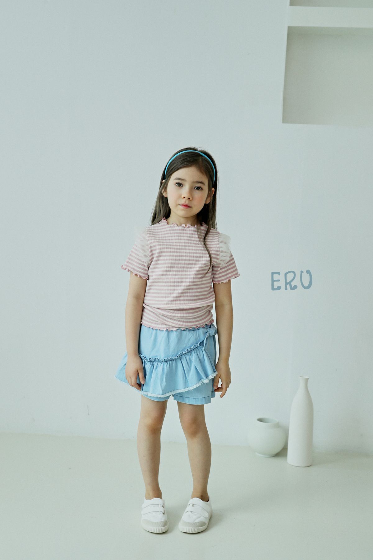 韓國 ERU - 網紗裝飾袖條紋T-青檸綠