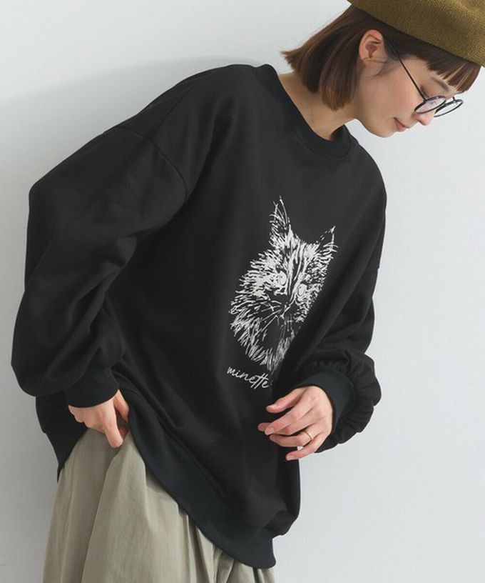 日本 Lupilien - 線條貓咪印花裏毛長袖上衣-黑