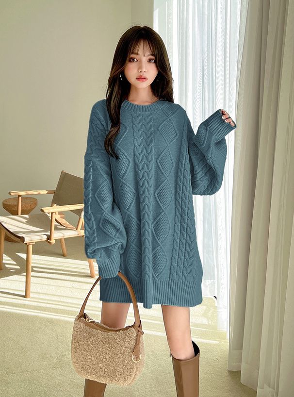 日本 GRL - 慵懶感編織紋長版毛衣-咖啡 (F)