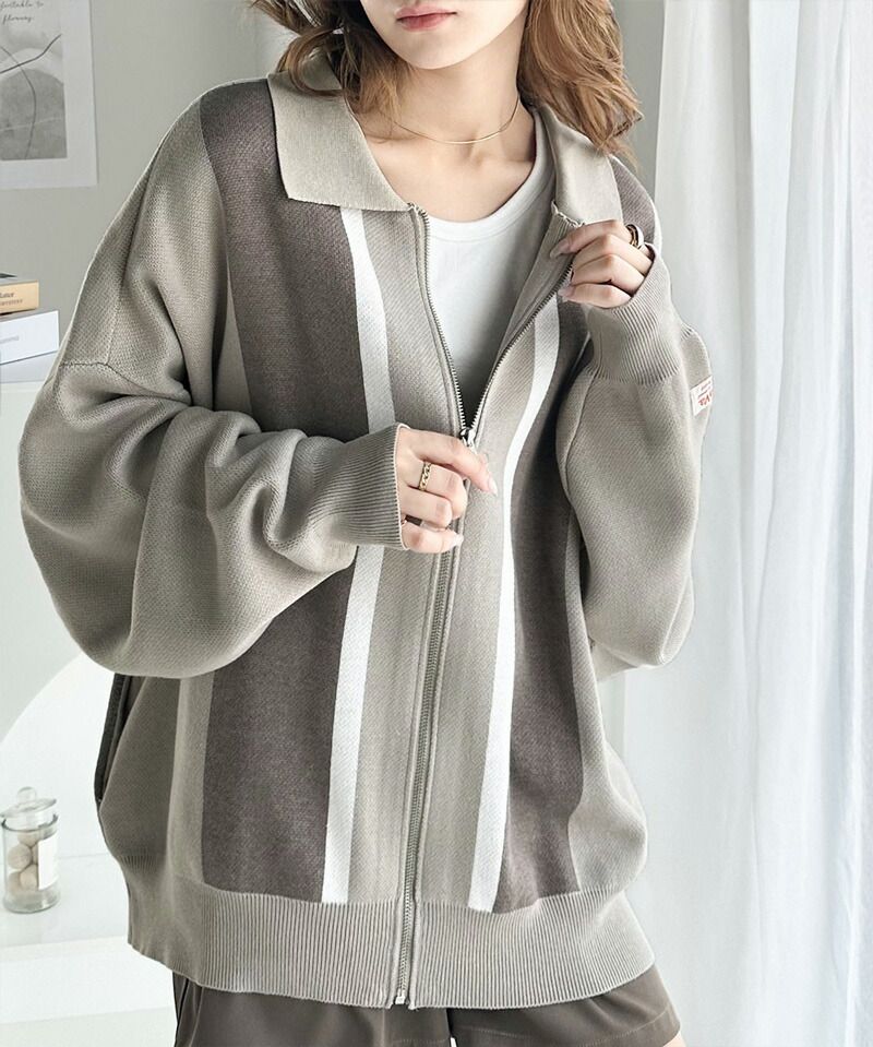 日本 Classical Elf - Java聯名 撞色條紋拉鍊針織薄外套-淺杏x米