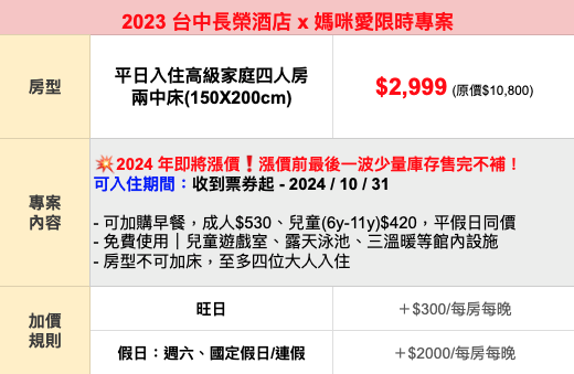 漲價前最後數量！【台中長榮桂冠酒店】五星家庭房 ★