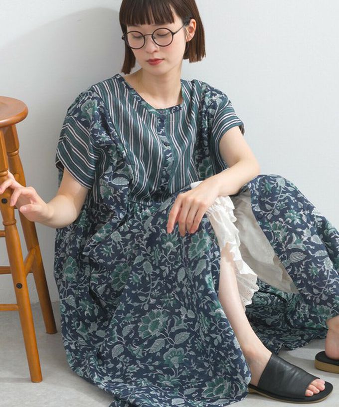 日本 Lupilien - 前後2way 自然風花卉印度棉輕盈洋裝-海軍藍