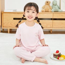 莫代爾透氣涼感短袖家居服套裝/空調服-熊熊-淺粉色
