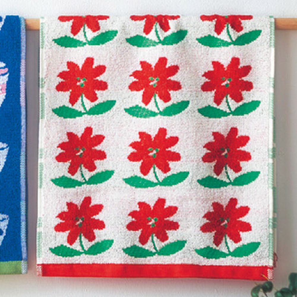 日本千趣會 - 葡萄牙製 純棉質感長毛巾-小雛菊-紅綠 (34x80cm)