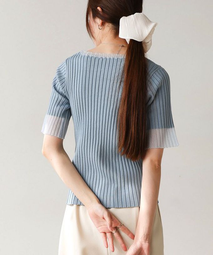 日本 Bab - 柔美異材質顯瘦羅紋五分袖上衣-炭灰