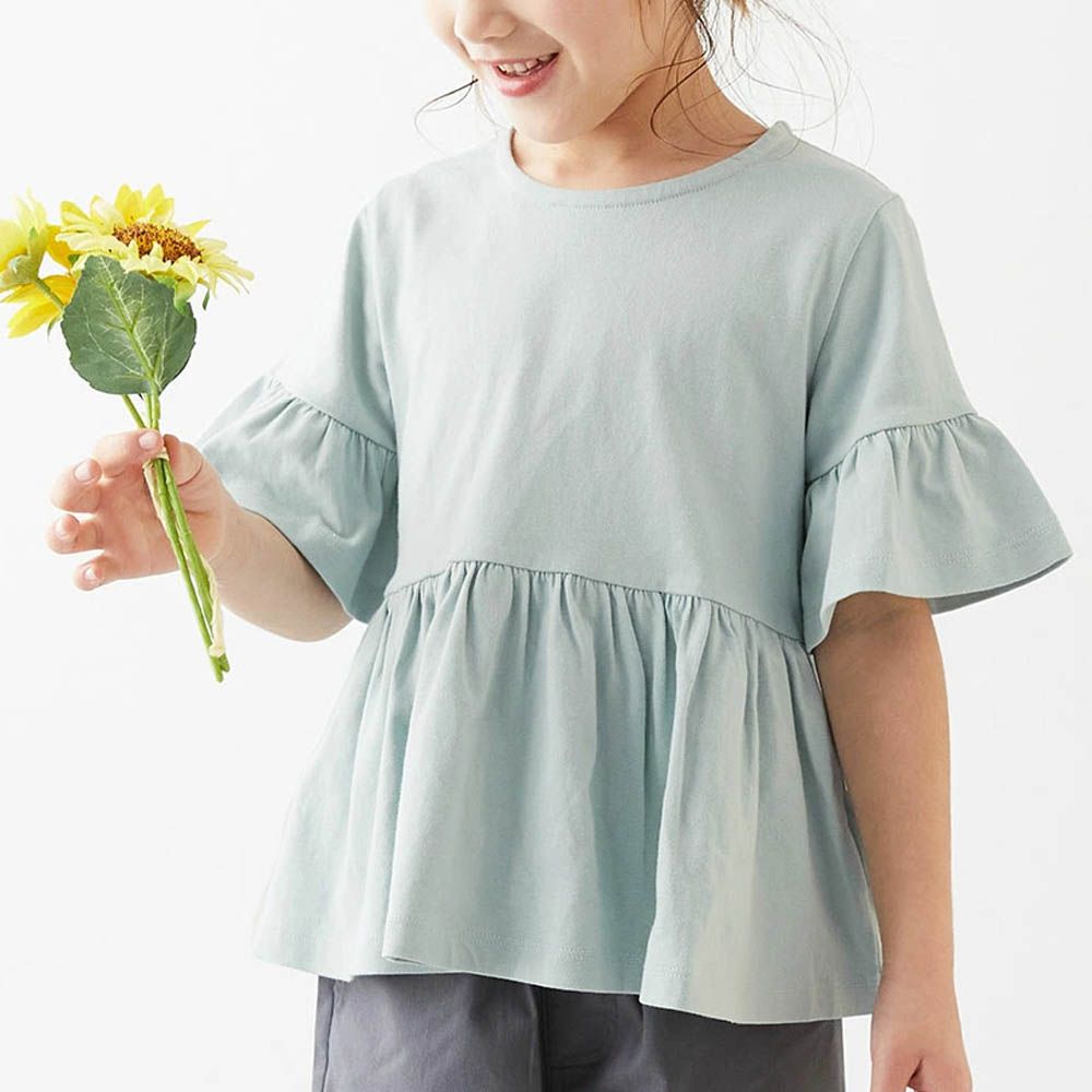 寬鬆圓領荷葉五分袖上衣-湖水綠