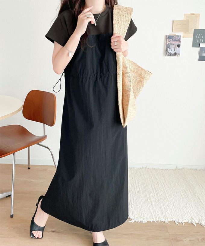 日本 Classical Elf - 法式袖拼接縮腰抽繩洋裝-卡其x淺灰