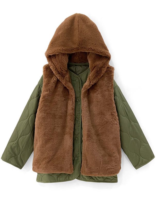 日本 GRL - 毛絨連帽背心x泡泡壓紋鋪棉外套兩件組-米杏 (F)