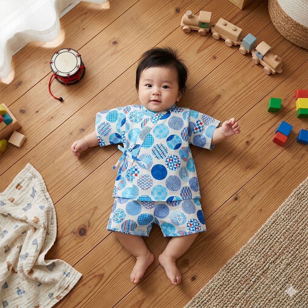 幼兒兩件式甚平-圓形和風圖案-米白色