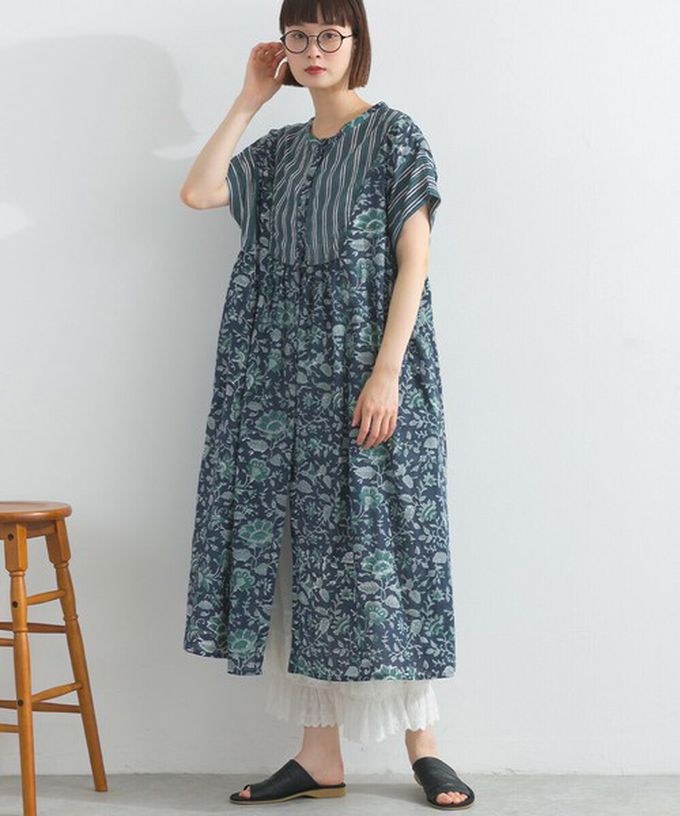 日本 Lupilien - 前後2way 自然風花卉印度棉輕盈洋裝-深灰x棕黃