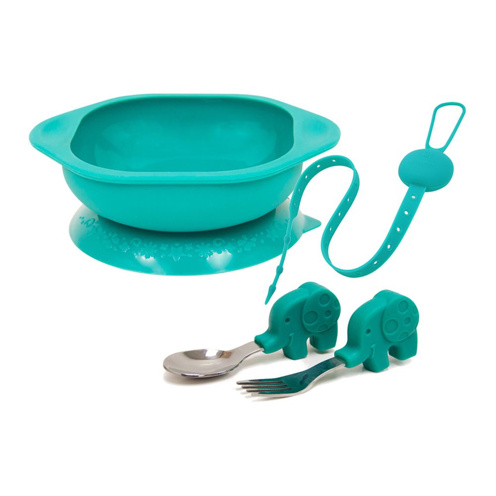 MARCUS＆MARCUS - 好好吃飯學習餐具組(吸盤碗+握握叉匙+防掉帶) -綠大象