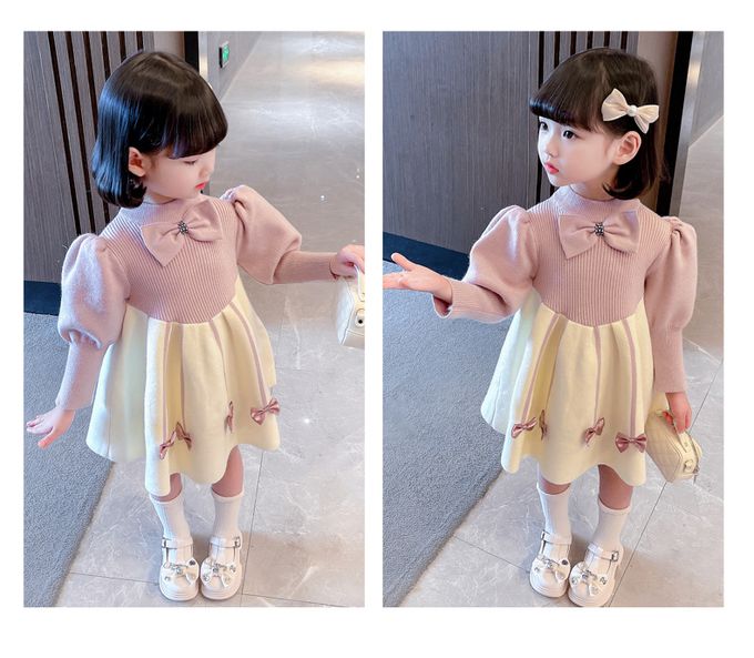 加絨針織半高領連身裙-蝴蝶結-粉+米白
