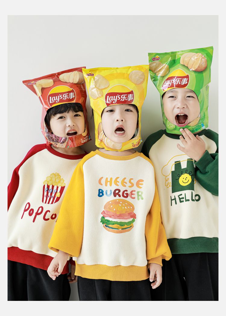 TONGMO - (加絨)卡通圓領保暖長袖上衣/大學T-漢堡-黃+米白