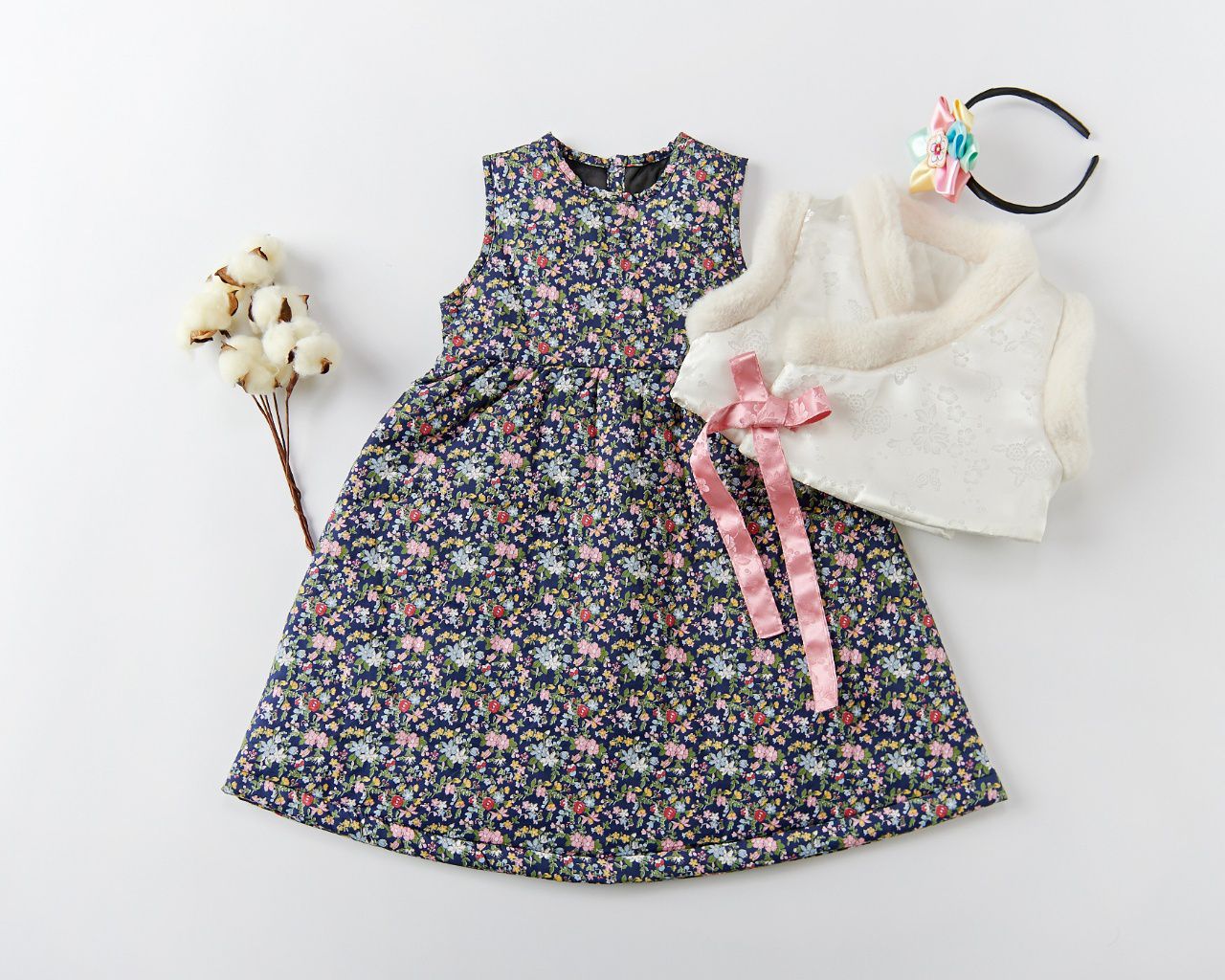 韓國 Dalla - 兩件式生活韓服-棉襖背心+深藍碎花洋裝(不含髮飾)