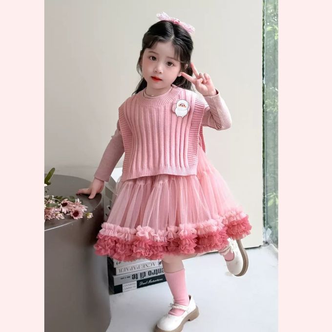 新年生日Party可愛漸層蛋糕網紗長袖洋裝-漸層粉色