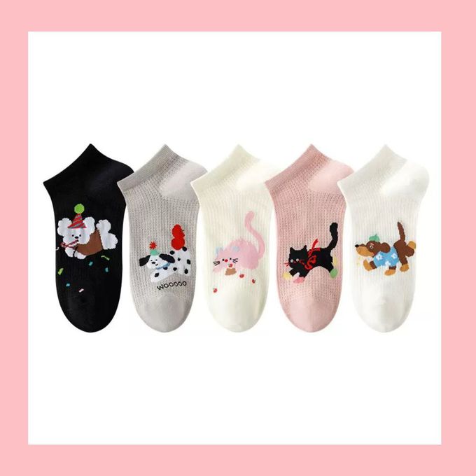 韓風插畫貓咪小狗網眼低筒棉襪