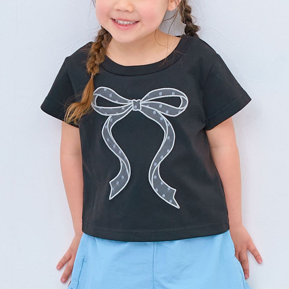 女孩運動風設計款短袖T恤-蝴蝶結-黑