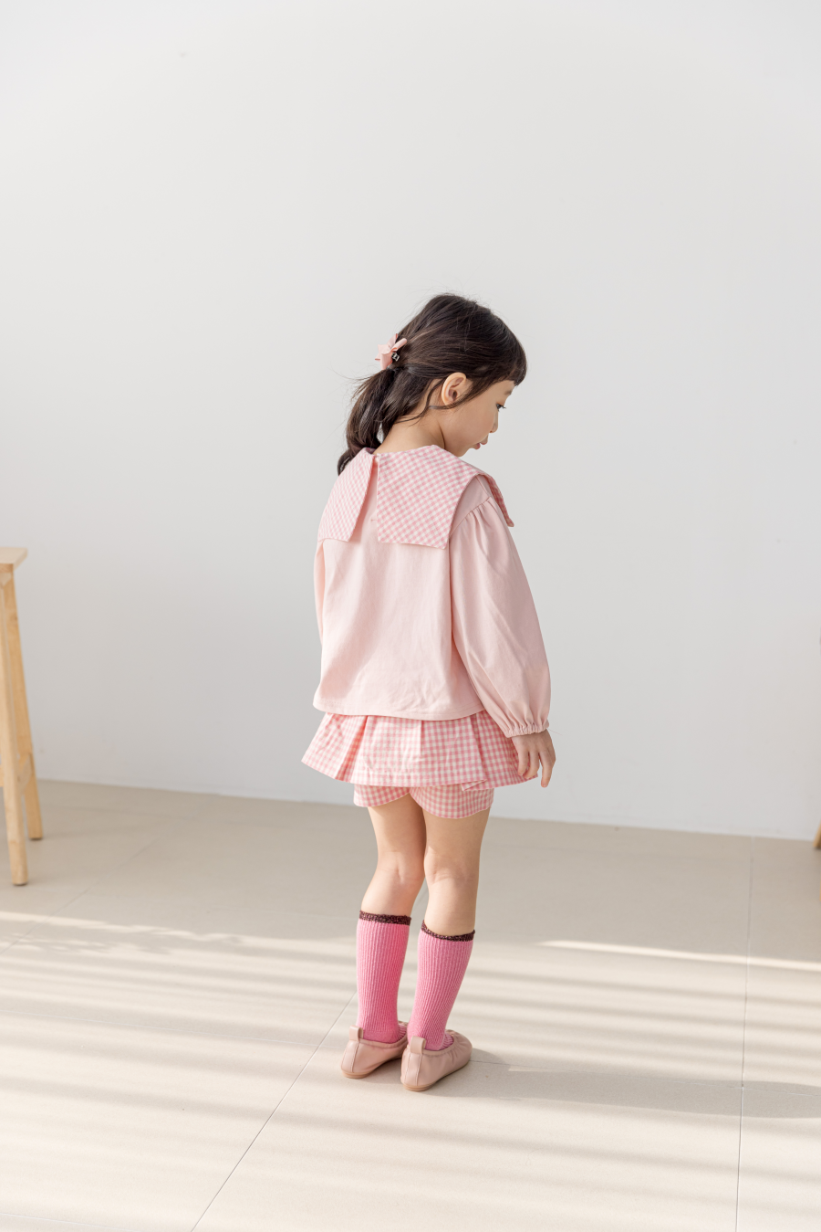 韓國 Orange Mom - 鬆緊腰格子褲裙-粉紅