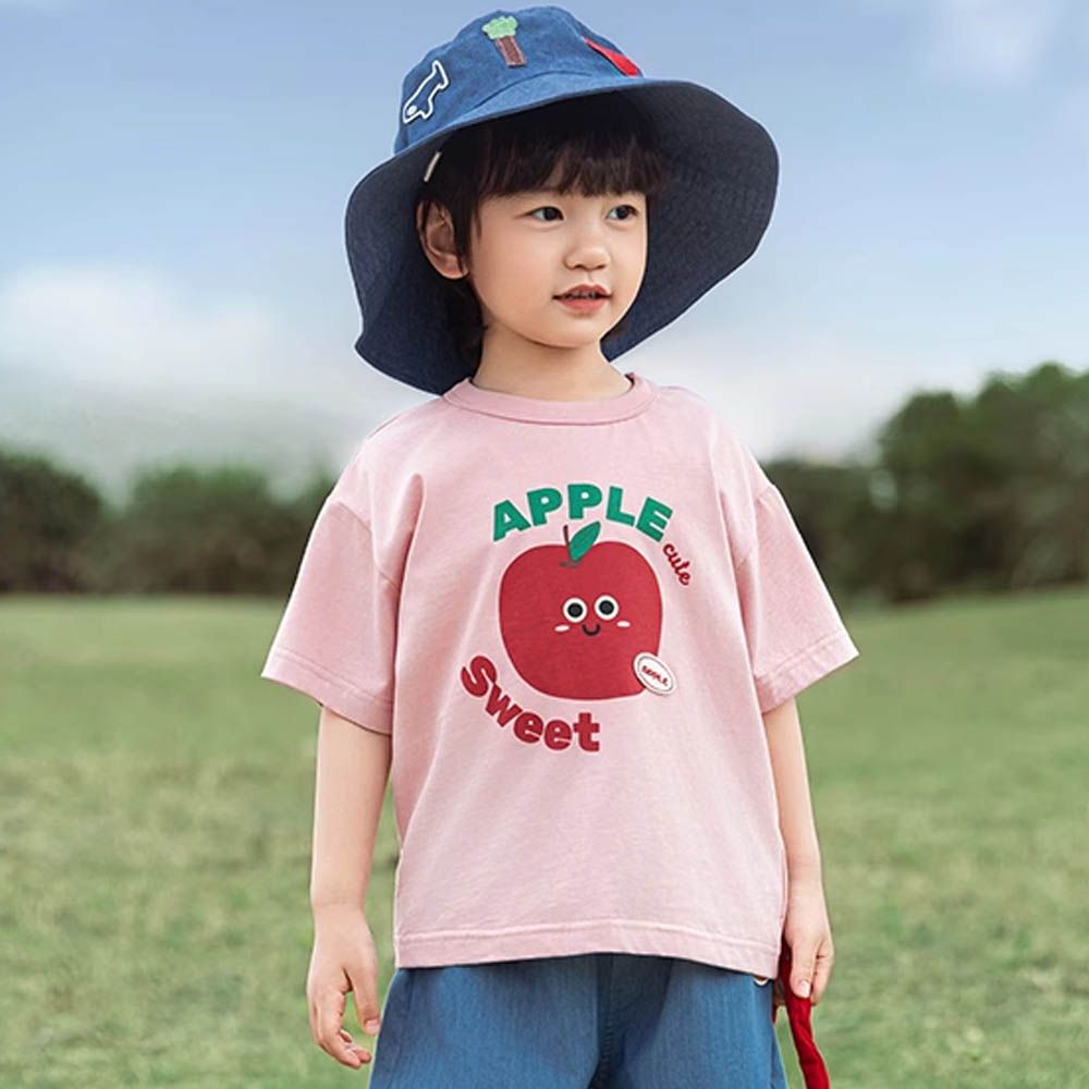 棉質圓領休閒短袖上衣-蘋果-粉色