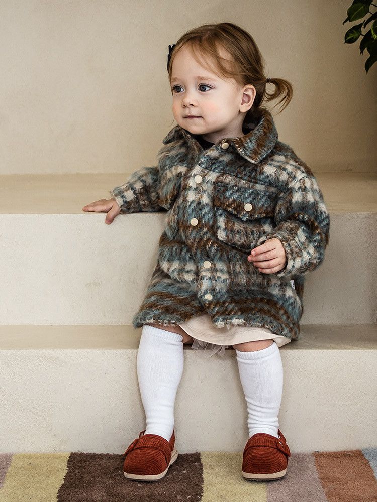 韓國Pimpollo - 藍格紋襯衫型保暖外套-棕