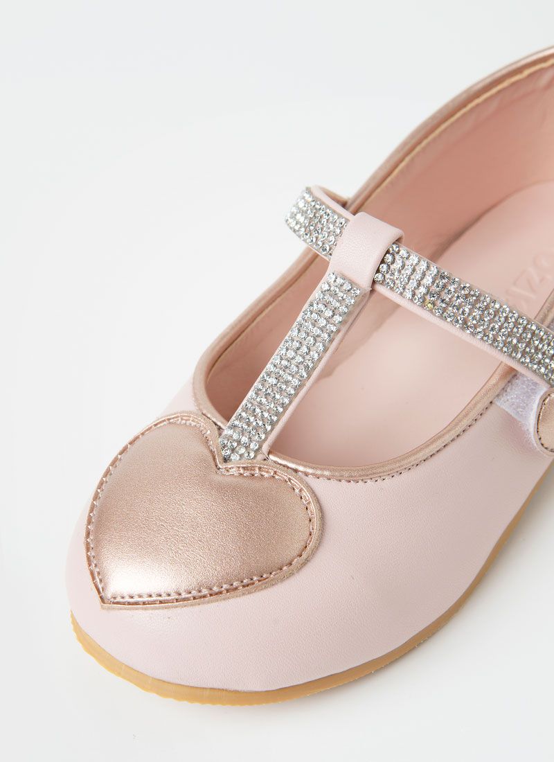 韓國 OZKIZ - 細鑽點綴愛心魔鬼氈皮鞋-淺粉