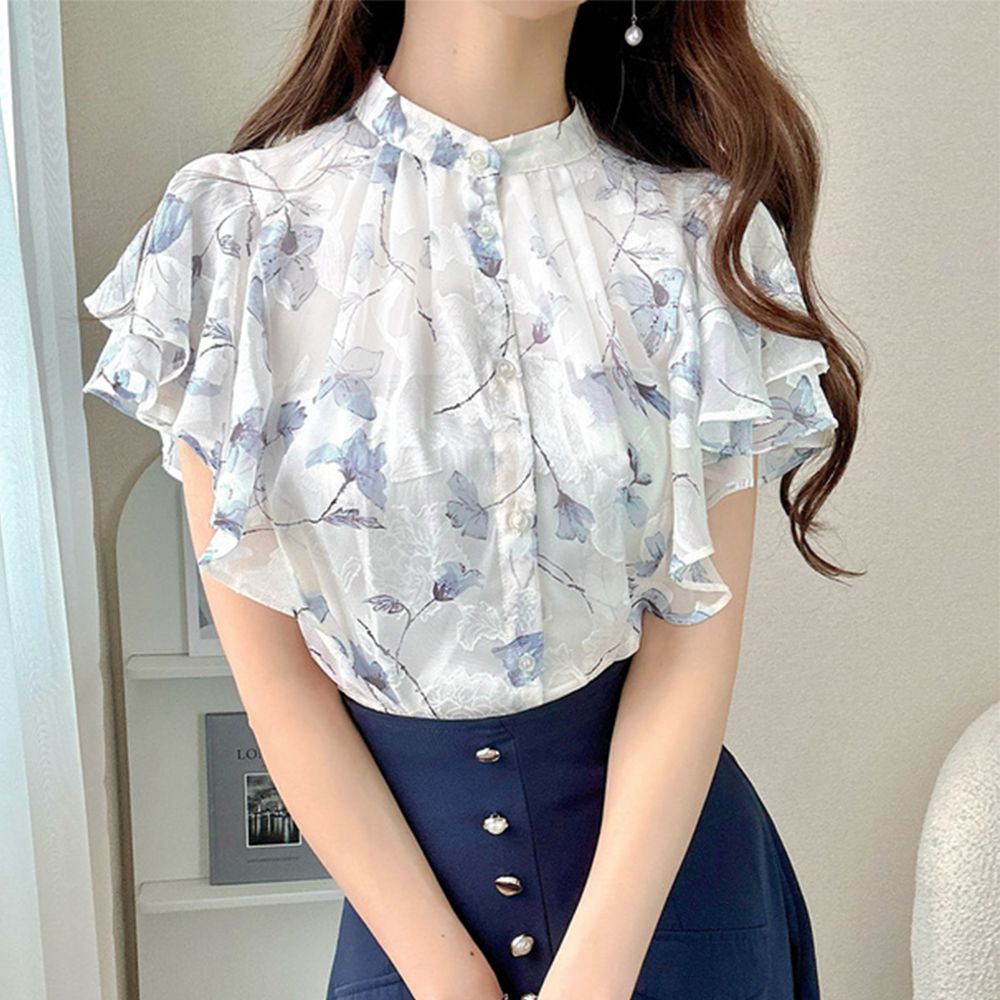 浪漫花卉薄紗感荷葉短袖襯衫-藍系 (F)